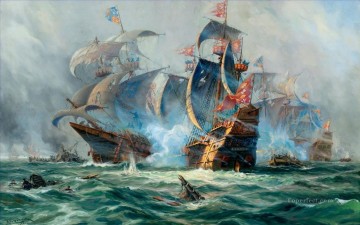 warships in battle Oil Paintings